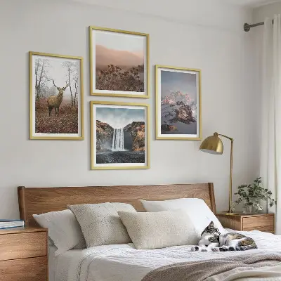 Set de 4 cuadros para salón con paisajes de montañas y ciervos