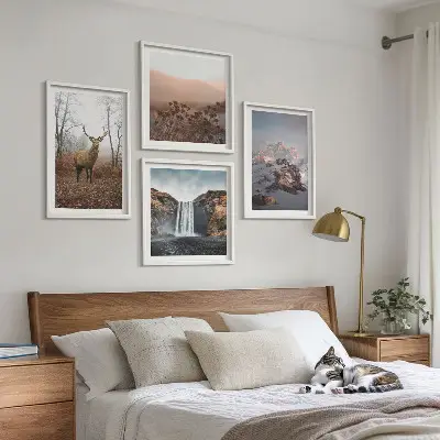 Set de 4 cuadros para salón con paisajes de montañas y ciervos