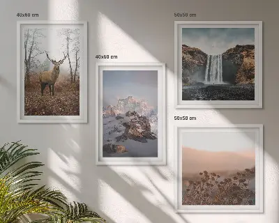Set de 4 cuadros para salón con paisajes de montañas y ciervos