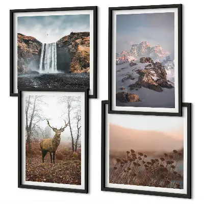 Set de 4 cuadros para salón con paisajes de montañas y ciervos