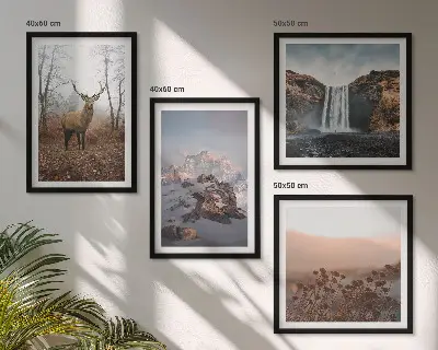 Set de 4 cuadros para salón con paisajes de montañas y ciervos