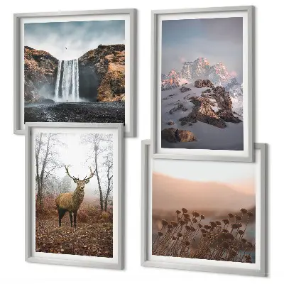 Set de 4 cuadros para salón con paisajes de montañas y ciervos