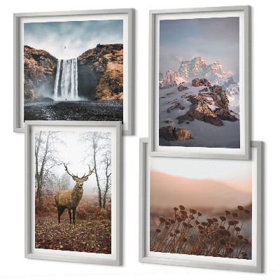 Set de 4 cuadros para salón paisajes salvajes montañas ciervos