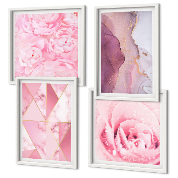 Set de cuadros modernos para salón Peonías geométricas rosas