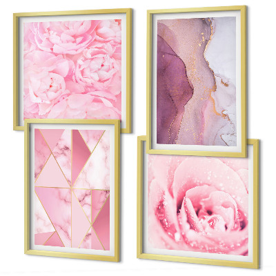 Set de cuadros modernos para salón Peonías geométricas rosas