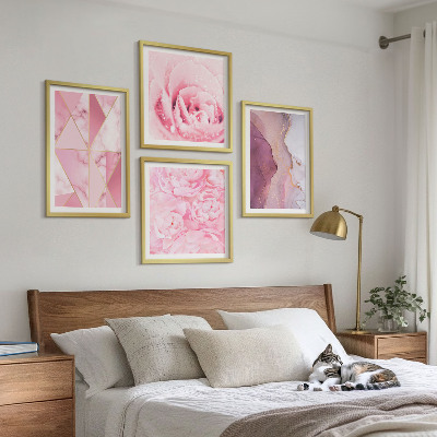 Set de cuadros modernos para salón Peonías geométricas rosas