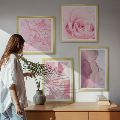 Set de cuadros modernos para salón Peonías geométricas rosas