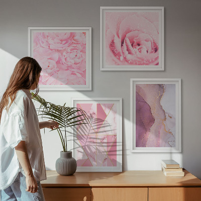 Set de cuadros modernos para salón Peonías geométricas rosas