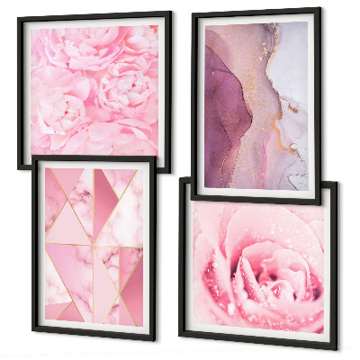 Set de cuadros modernos para salón Peonías geométricas rosas
