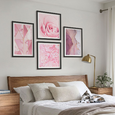 Set de cuadros modernos para salón Peonías geométricas rosas