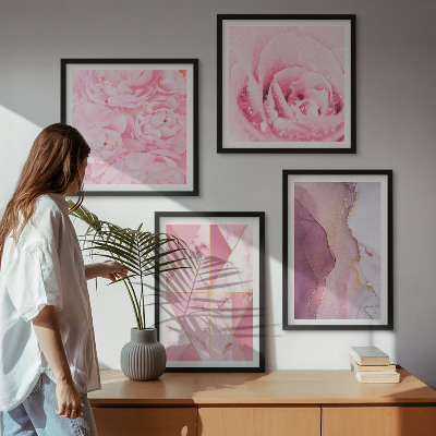 Set de cuadros modernos para salón Peonías geométricas rosas
