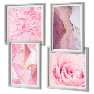 Set de cuadros modernos para salón Peonías geométricas rosas