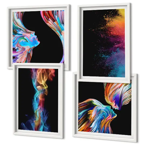 Set de 4 cuadros para salón con formas de rostros abstractos y coloridos