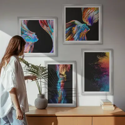 Set de 4 cuadros para salón con formas de rostros abstractos y coloridos