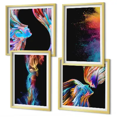 Set de 4 cuadros para salón con formas de rostros abstractos y coloridos