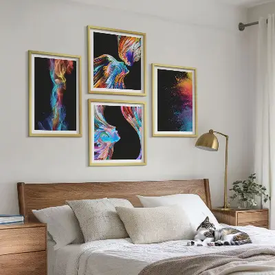 Set de 4 cuadros para salón con formas de rostros abstractos y coloridos