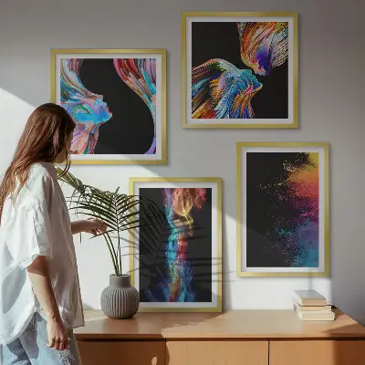 Set de 4 cuadros para salón con formas de rostros abstractos y coloridos