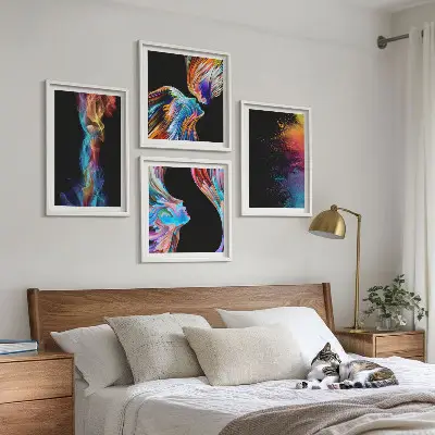 Set de 4 cuadros para salón con formas de rostros abstractos y coloridos