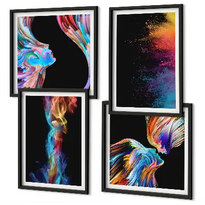 Set de 4 cuadros para salón con formas de rostros abstractos y coloridos