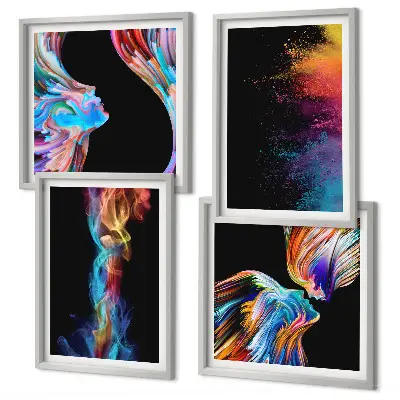 Set de 4 cuadros para salón con formas de rostros abstractos y coloridos