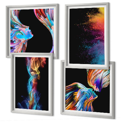 Set de 4 cuadros para salón formas de rostros abstractos y coloridos