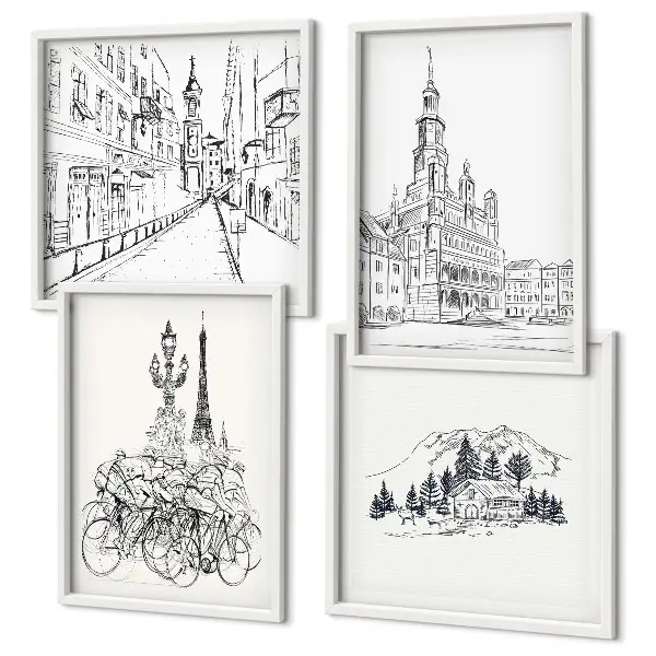 Set de 4 cuadros para salón con dibujos sencillos de vistas de la ciudad