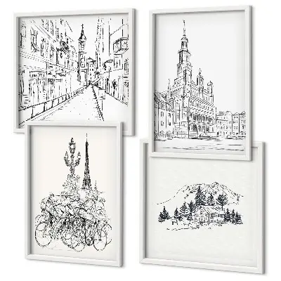 Set de 4 cuadros para salón con dibujos sencillos de vistas de la ciudad