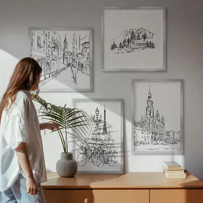 Set de 4 cuadros para salón con dibujos sencillos de vistas de la ciudad