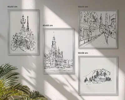 Set de 4 cuadros para salón con dibujos sencillos de vistas de la ciudad