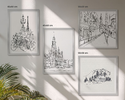 Set de 4 cuadros para salón Dibujos sencillos de vistas de la ciudad