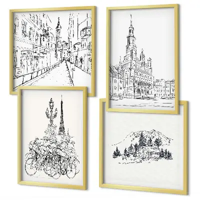 Set de 4 cuadros para salón con dibujos sencillos de vistas de la ciudad