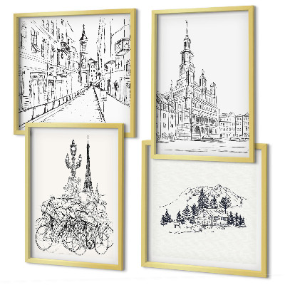Set de 4 cuadros para salón Dibujos sencillos de vistas de la ciudad