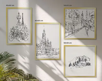Set de 4 cuadros para salón con dibujos sencillos de vistas de la ciudad