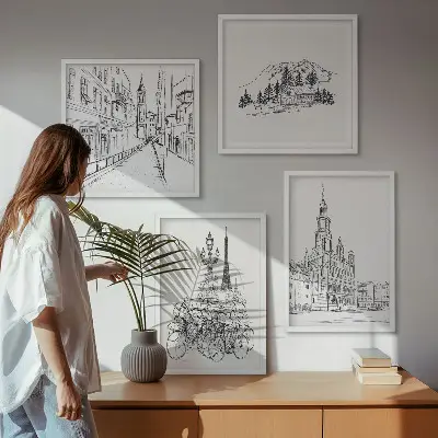 Set de 4 cuadros para salón con dibujos sencillos de vistas de la ciudad