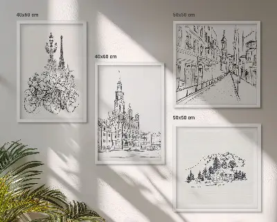 Set de 4 cuadros para salón con dibujos sencillos de vistas de la ciudad