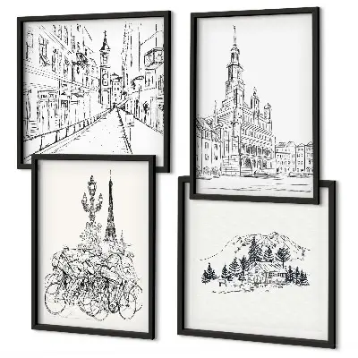 Set de 4 cuadros para salón con dibujos sencillos de vistas de la ciudad