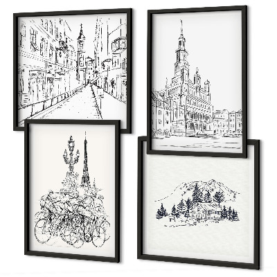 Set de 4 cuadros para salón Dibujos sencillos de vistas de la ciudad
