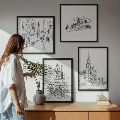 Set de 4 cuadros para salón con dibujos sencillos de vistas de la ciudad