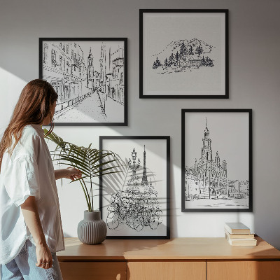 Set de 4 cuadros para salón Dibujos sencillos de vistas de la ciudad