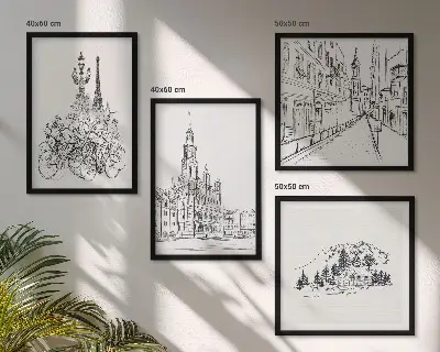 Set de 4 cuadros para salón con dibujos sencillos de vistas de la ciudad