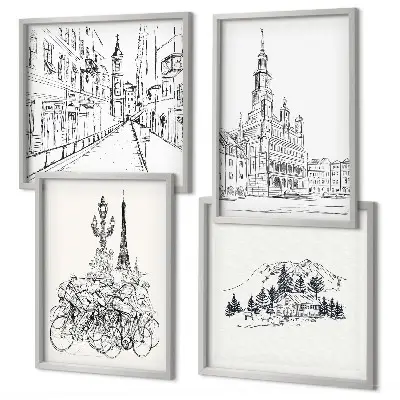 Set de 4 cuadros para salón con dibujos sencillos de vistas de la ciudad