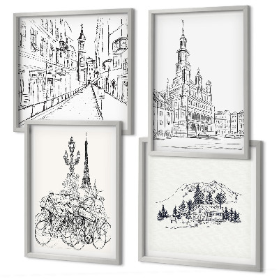 Set de 4 cuadros para salón Dibujos sencillos de vistas de la ciudad