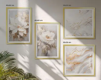 Set de cuadros modernos para salón con diseño de flores sobre fondo de mármol