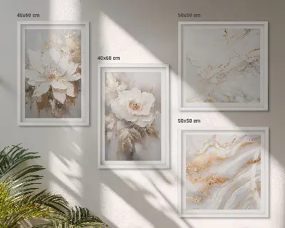 Set de cuadros modernos para salón con diseño de flores sobre fondo de mármol