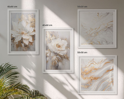 Set de cuadros modernos para salón Flores sobre fondo claro con estampados de mármol