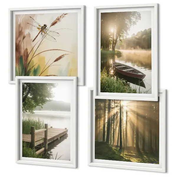 Set de 4 cuadros para salón con diseño de lago, bosque, barco y niebla matutina