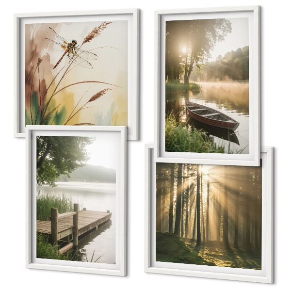 Set de 4 cuadros para salón Lago, bosque, barco, niebla matutina