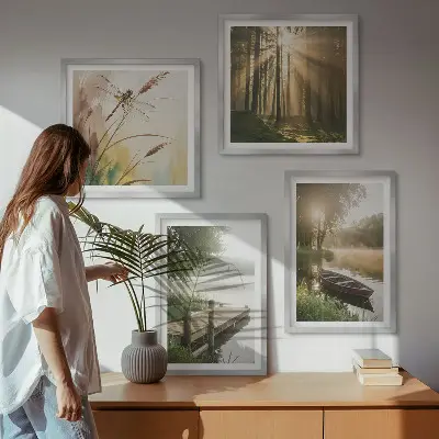 Set de 4 cuadros para salón con diseño de lago, bosque, barco y niebla matutina