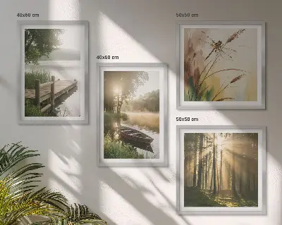 Set de 4 cuadros para salón con diseño de lago, bosque, barco y niebla matutina