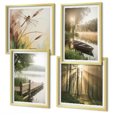 Set de 4 cuadros para salón con diseño de lago, bosque, barco y niebla matutina